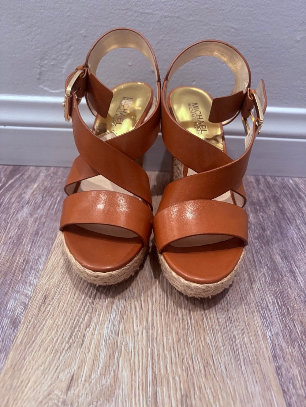 Michael Kors Brown Leather Strappy Espadrille Wedges, size 6.5!